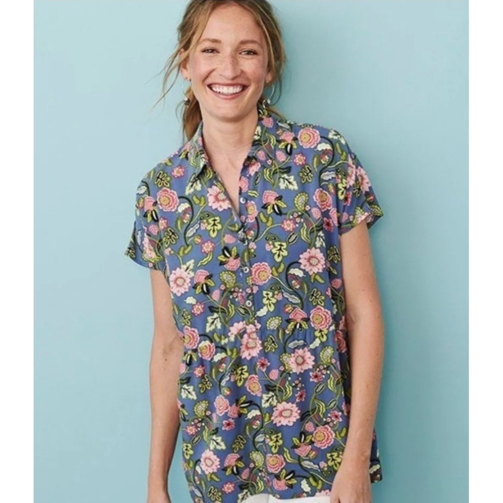 J Jill Womens Shirt L Short Sleeve Viscose Rayon Floral Blue Paisley Button Up